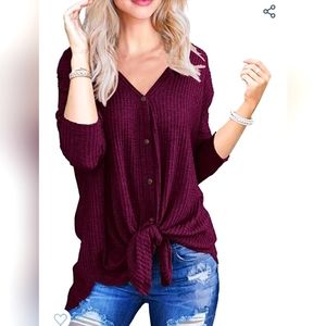 PCEAIIH Waffle Knit Tunic Blouse, Women's Tie Knot Loose Fitting Size Small